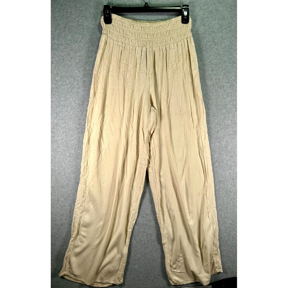 Forever 21 Palazzo Pant Women S Beige Smocked Elastic Waist Wide Leg Relaxed Fit